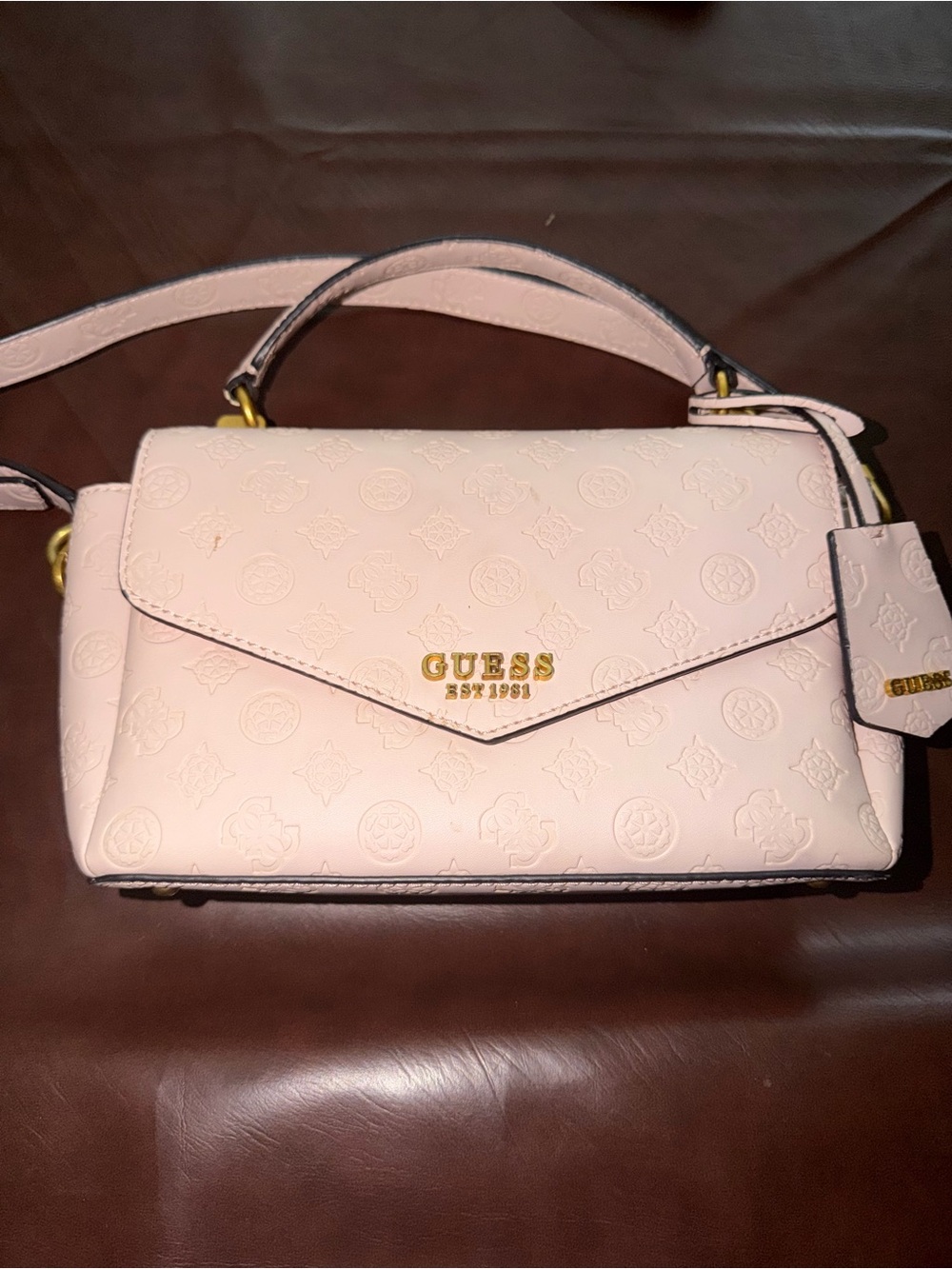 GUESS Zanelle Ivory Embossed Top-Handle Satchel with Gold Hardware